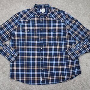 Lucky Brand Pearl Snap Shirt Adult 2XL XXL Blue/Yellow Plaid Long Sleeve Stretch